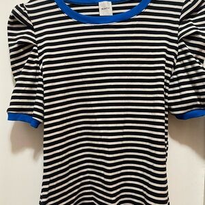 Maeve Black and White Striped Top with Blue Accents